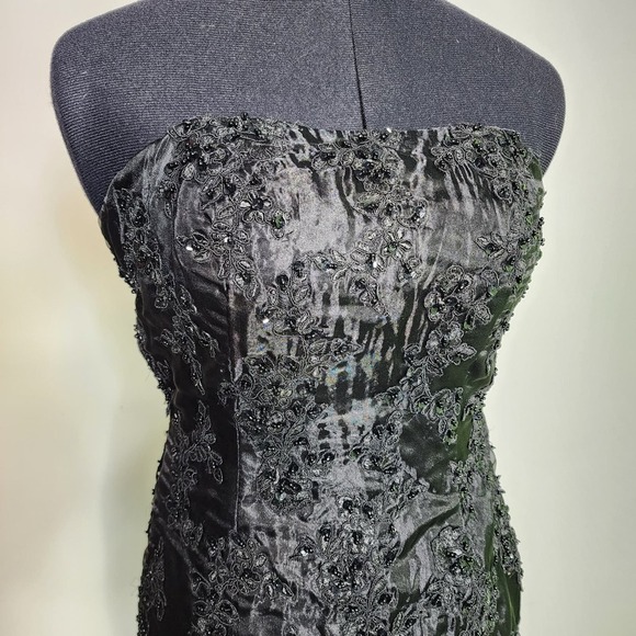 Black Embroidered Beaded Midi Formal Goth Prom Homecoming Strapless Alt Dress - Picture 3 of 10